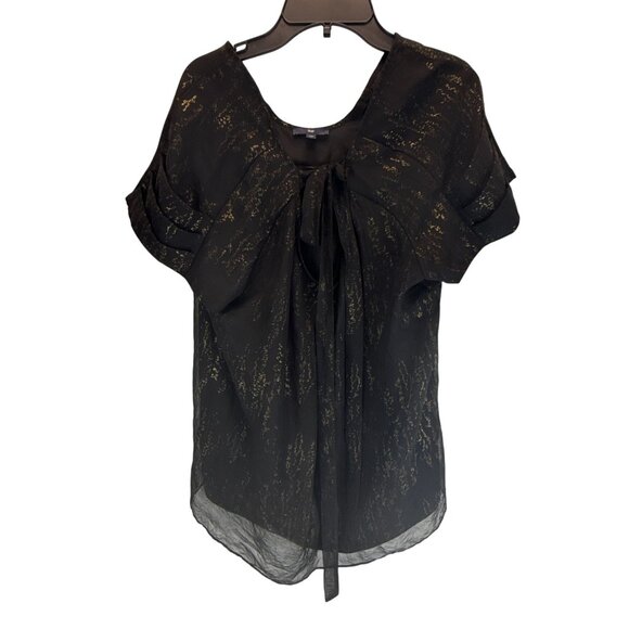 Gap Black Sheer Metallic Gold Accent Blouse Large Short Sleeve Party Holiday Top - Picture 2 of 9